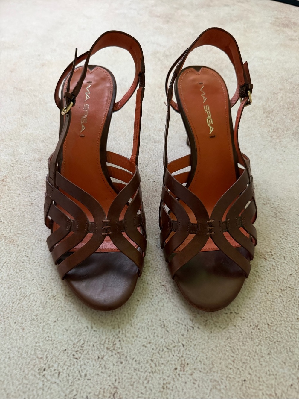 Via Spiga Brown Strappy Leather Slingback Heels